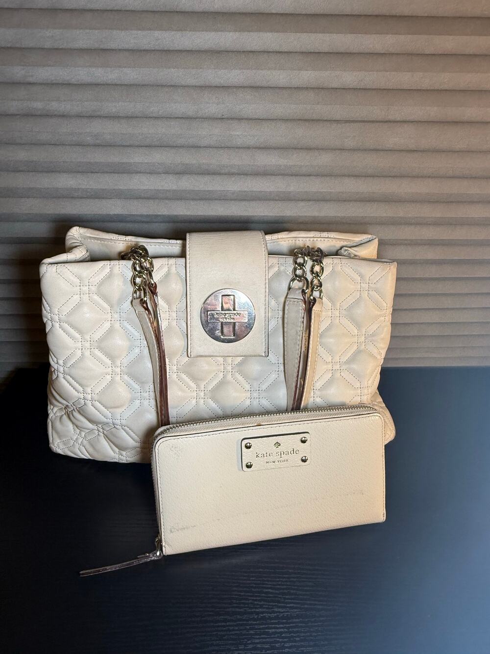 Kate Spade New York Cream Quilted Leather Tote Bag & Matching Zip Wallet Set
